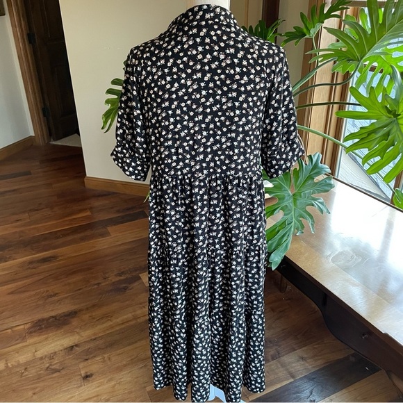 Natural Life Rebecca Floral Black and Cream Roses Midi Tiered Flowy Dress Size S